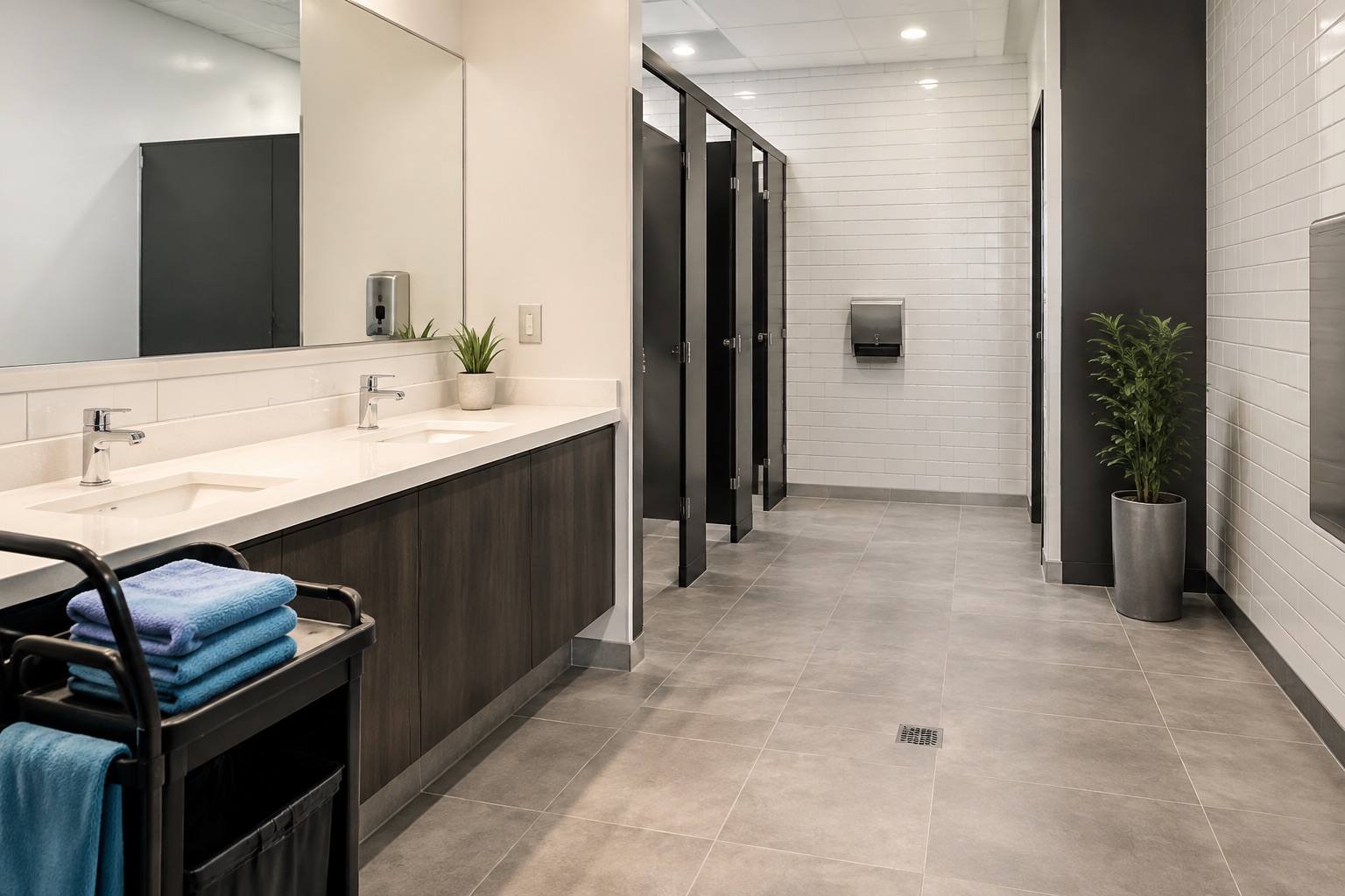Clean modern commercial restroom with professional cleaning cart